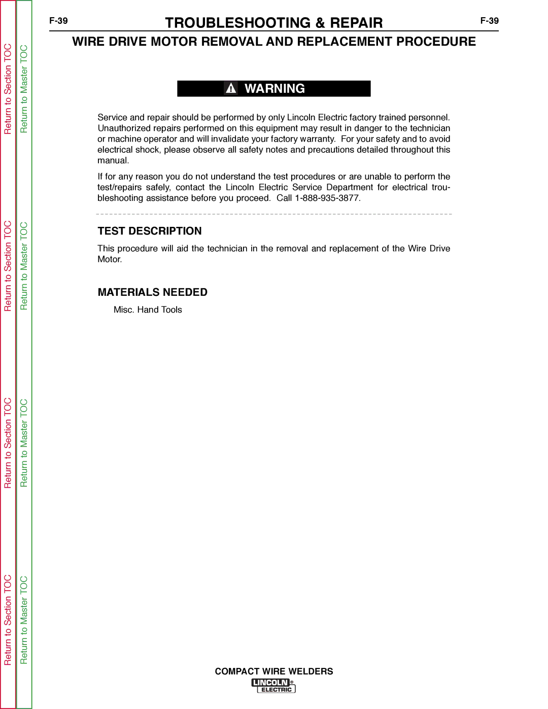 Lincoln Electric SVM189-B service manual Wire Drive Motor Removal and Replacement Procedure, Test Description 