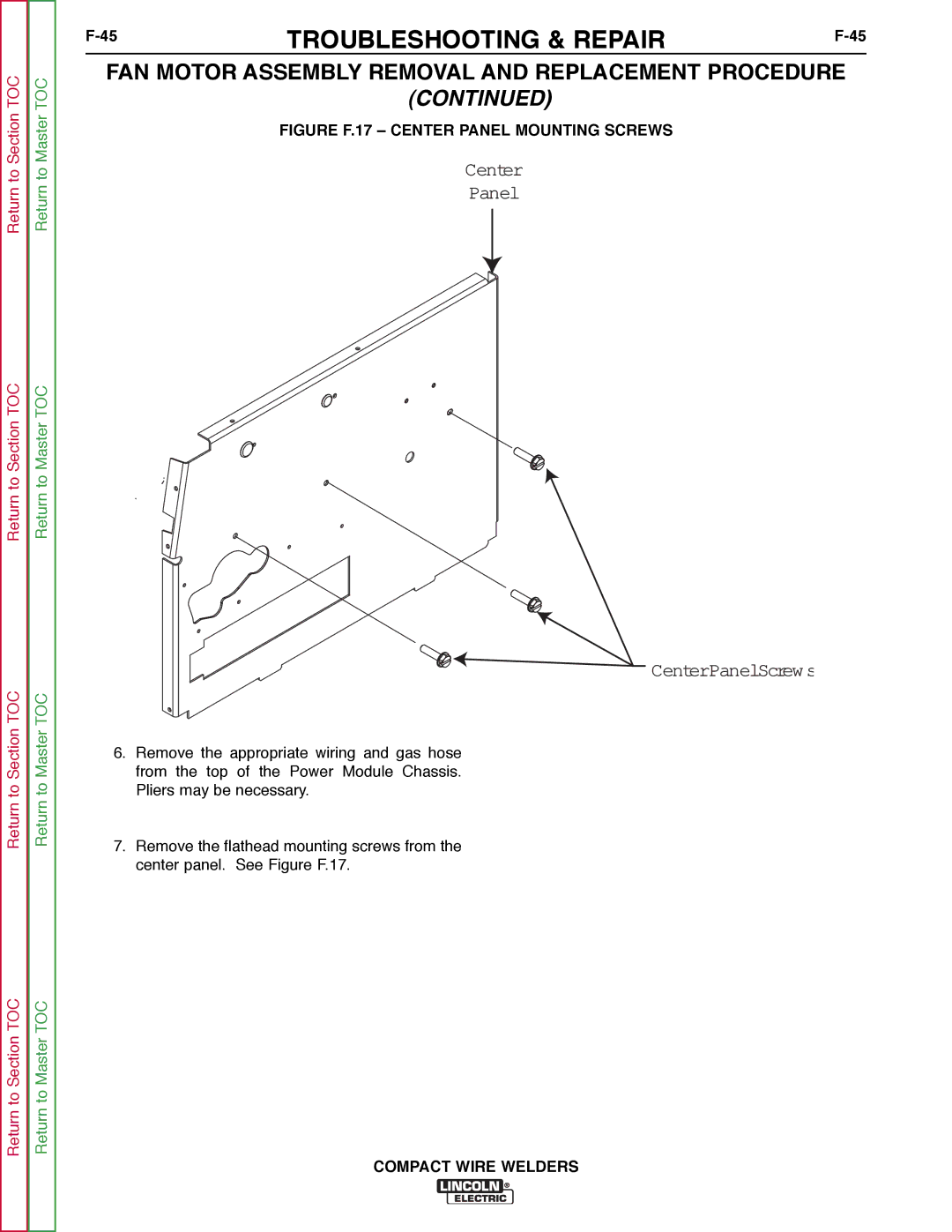 Lincoln Electric SVM189-B service manual Center Panel CenterPanelScrews 