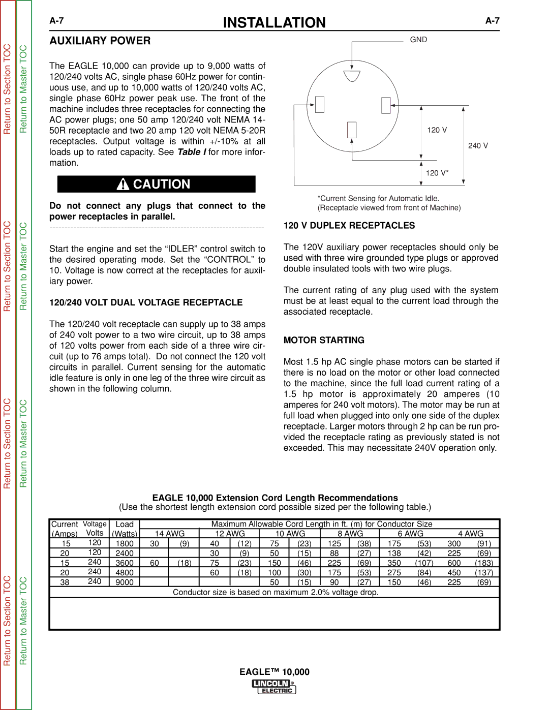 Lincoln Electric SVM192-A Auxiliary Power, 120/240 Volt Dual Voltage Receptacle, Duplex Receptacles, Motor Starting 