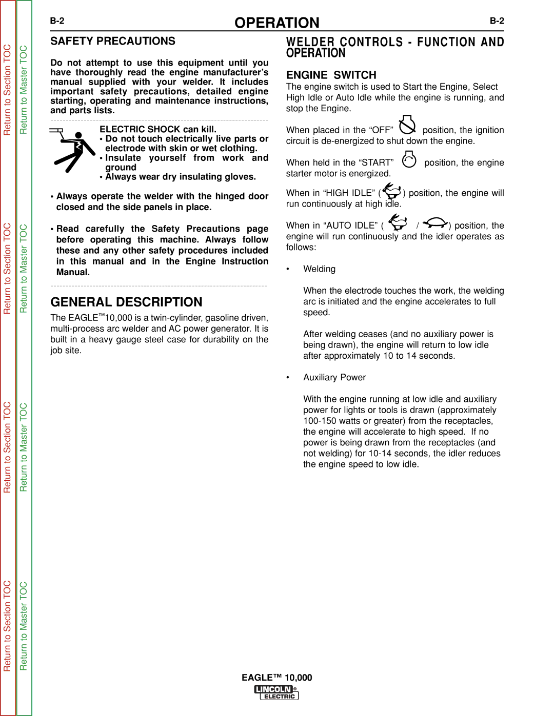 Lincoln Electric SVM192-A service manual General Description, Welder Controls Function and Operation, Engine Switch 