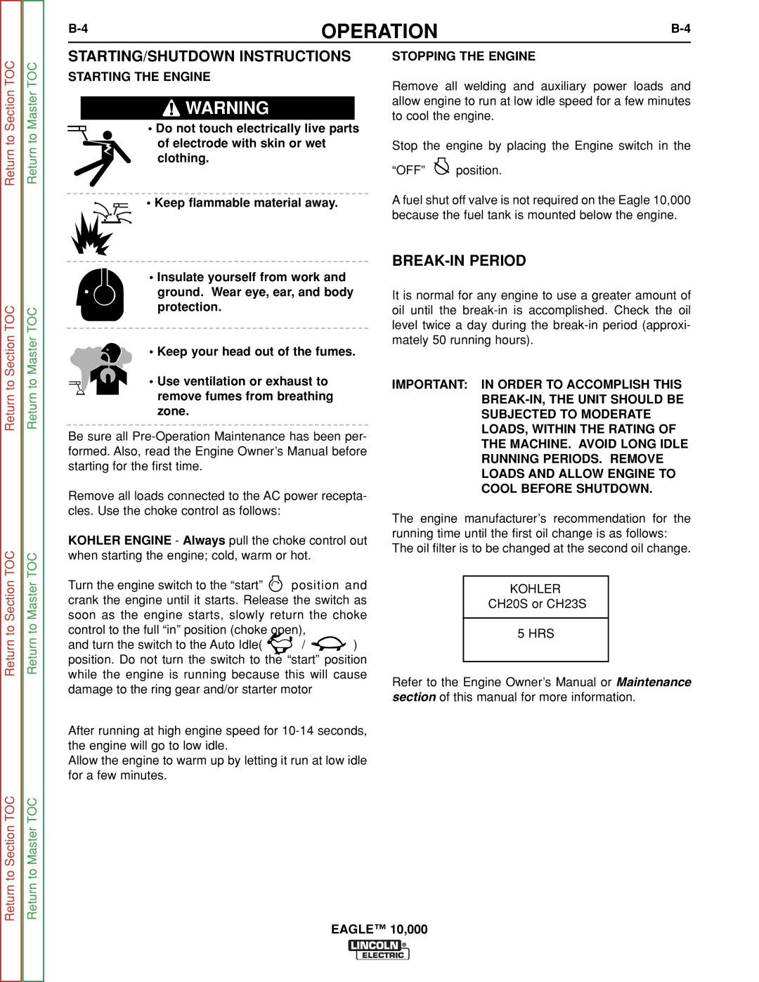 Lincoln Electric SVM192-A STARTING/SHUTDOWN Instructions, BREAK-IN Period, Starting the Engine, Stopping the Engine 