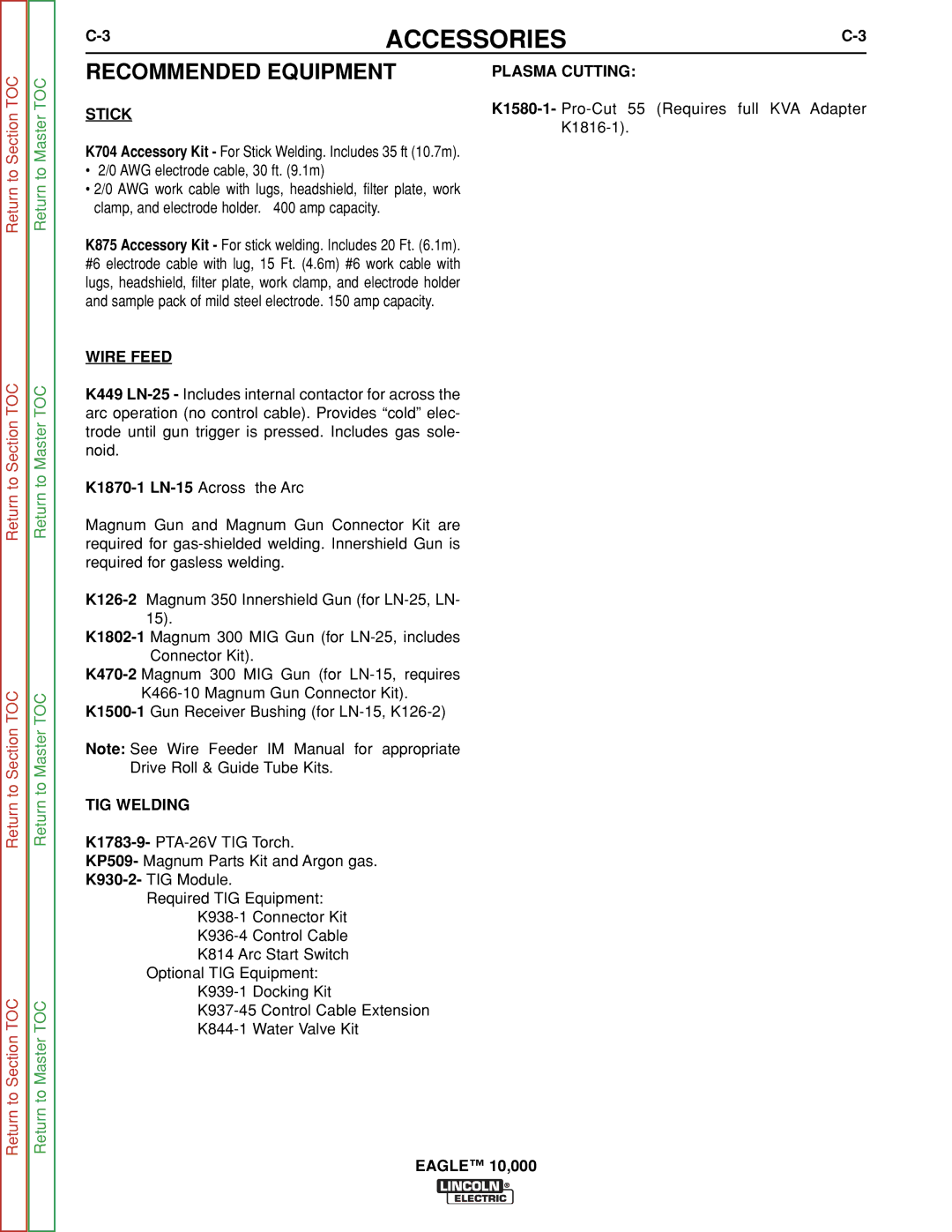 Lincoln Electric SVM192-A service manual Recommended Equipment, Plasma Cutting Stick, Wire Feed, TIG Welding 