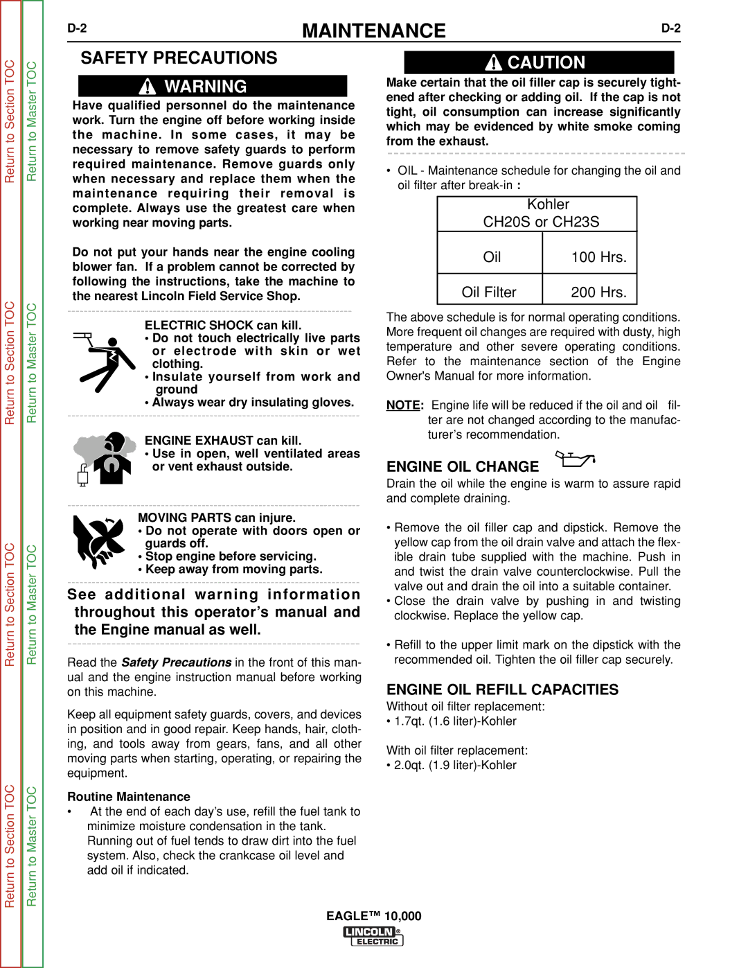 Lincoln Electric SVM192-A service manual Maintenance, Safety Precautions, Engine OIL Change, Engine OIL Refill Capacities 