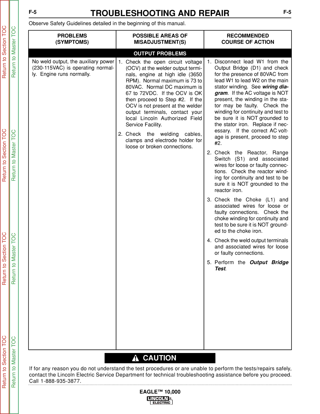 Lincoln Electric SVM192-A service manual Problems Possible Areas Symptoms Misadjustments, Recommended Course of Action 