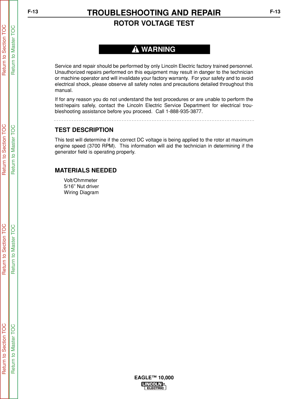 Lincoln Electric SVM192-A service manual Rotor Voltage Test, Test Description, Materials Needed 