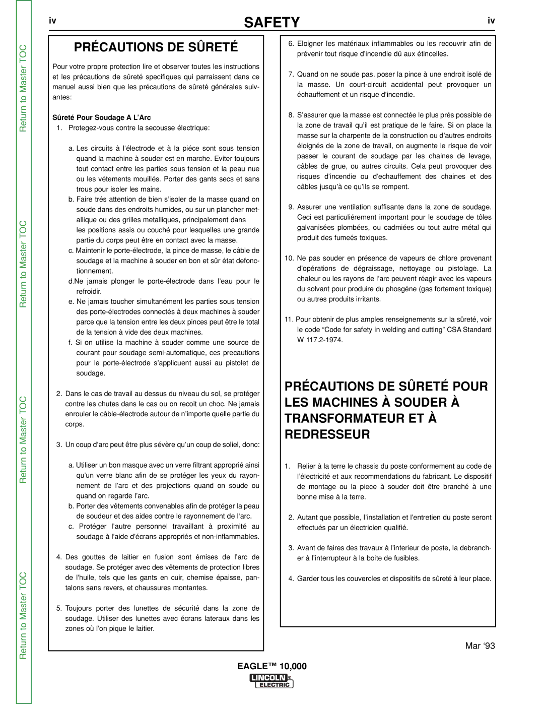 Lincoln Electric SVM192-A service manual Précautions DE Sûreté, Sûreté Pour Soudage a L’Arc 