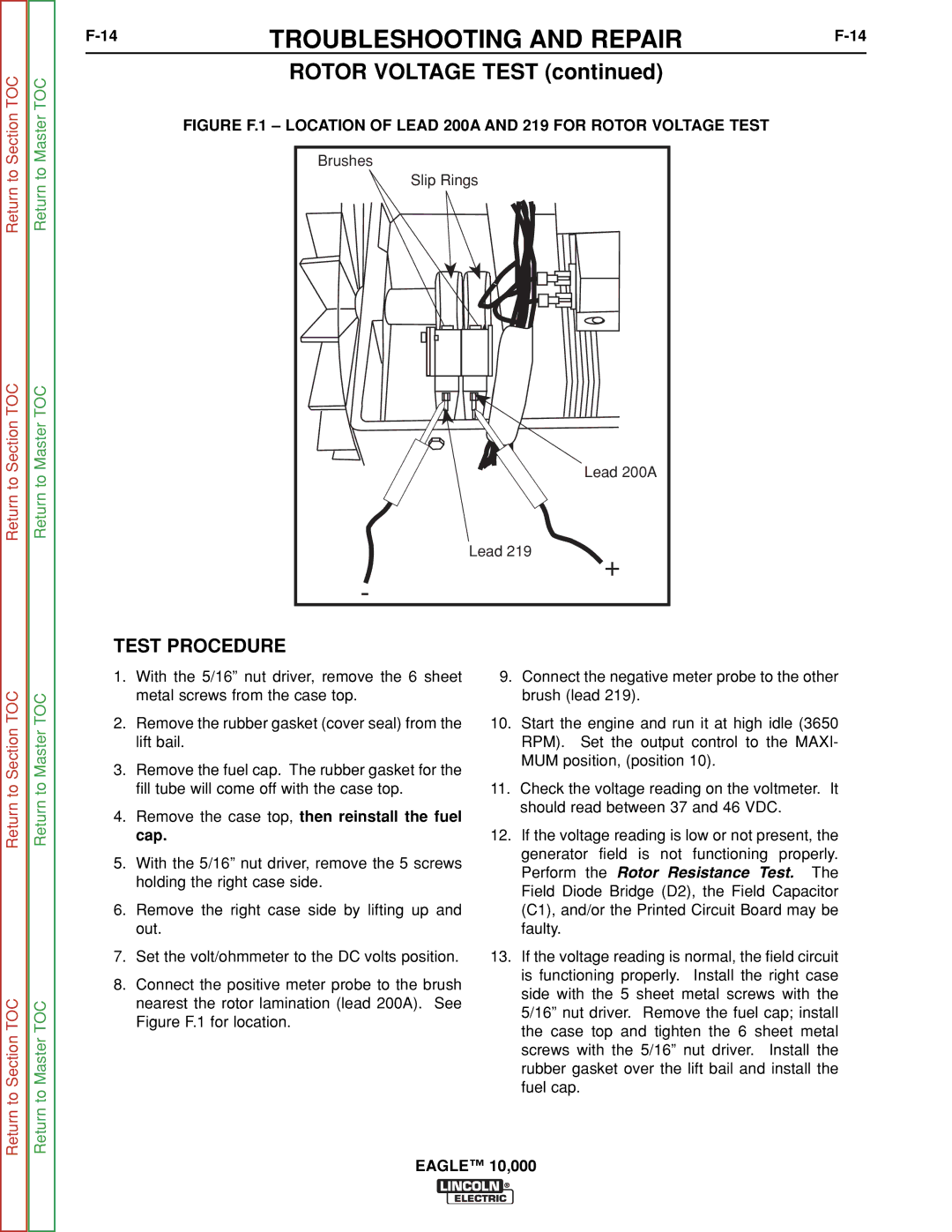 Lincoln Electric SVM192-A Rotor Voltage Test, Test Procedure, Remove the case top, then reinstall the fuel cap 