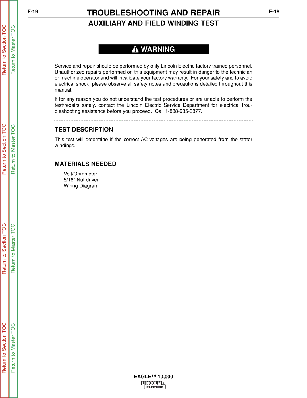 Lincoln Electric SVM192-A service manual Auxiliary and Field Winding Test, Test Description 