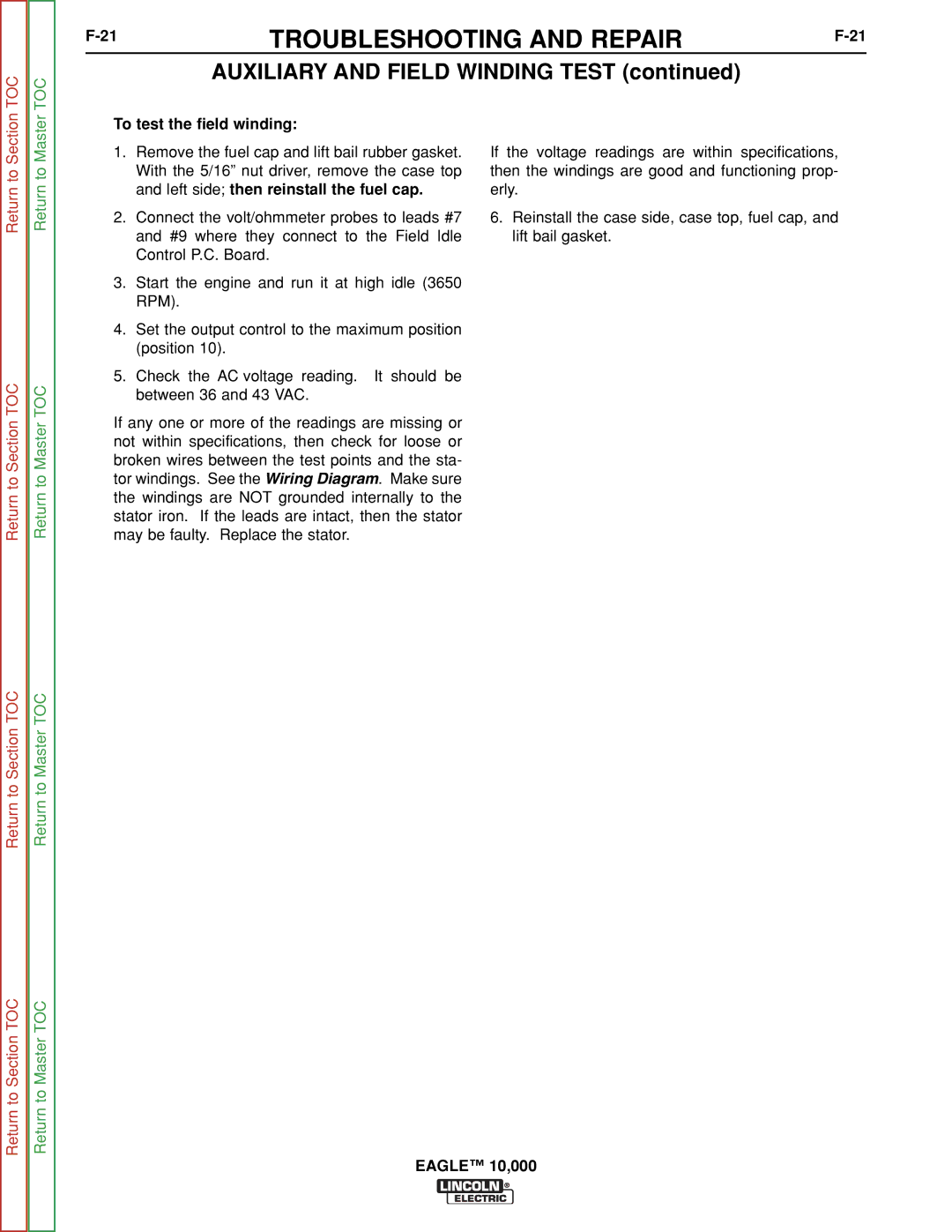 Lincoln Electric SVM192-A service manual To test the field winding 