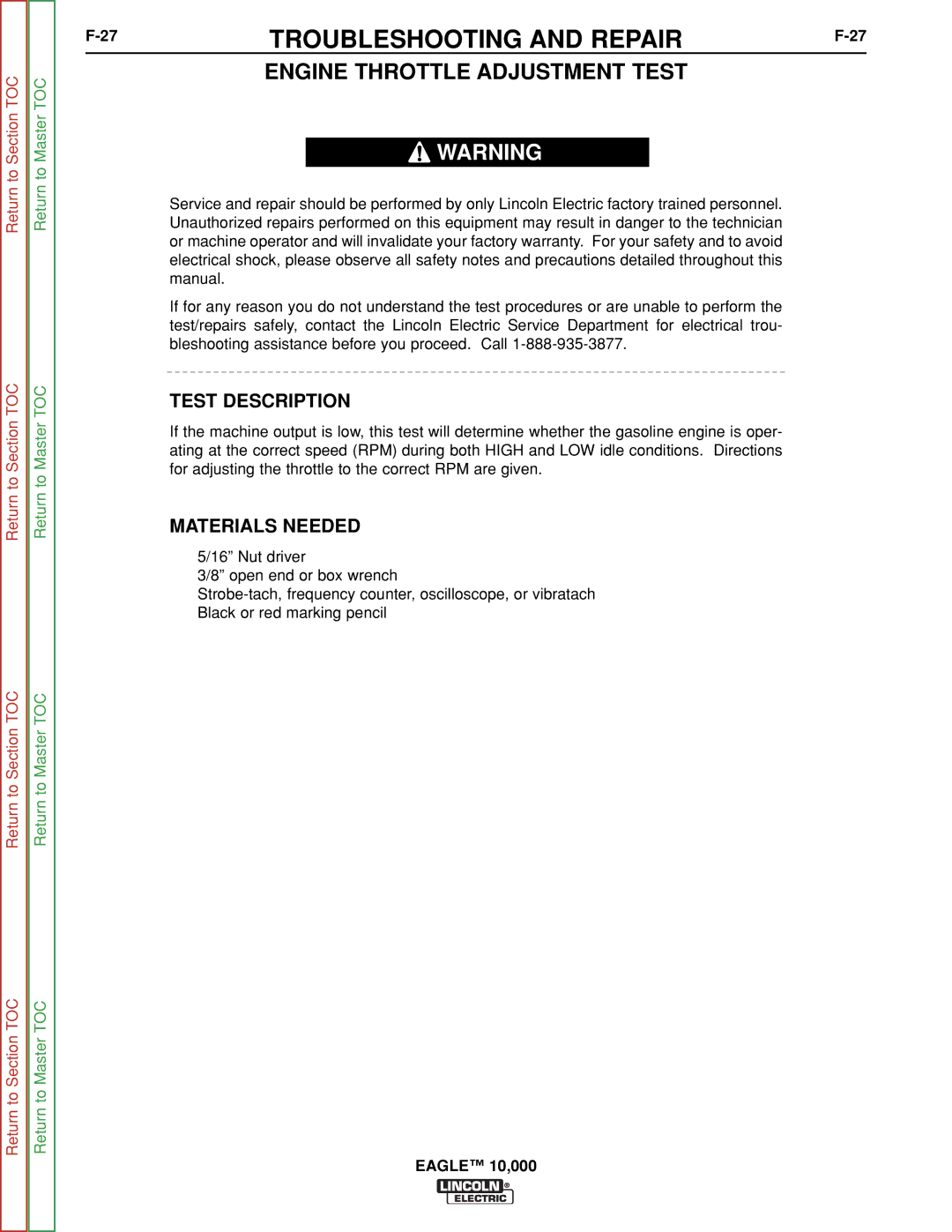 Lincoln Electric SVM192-A service manual Engine Throttle Adjustment Test 