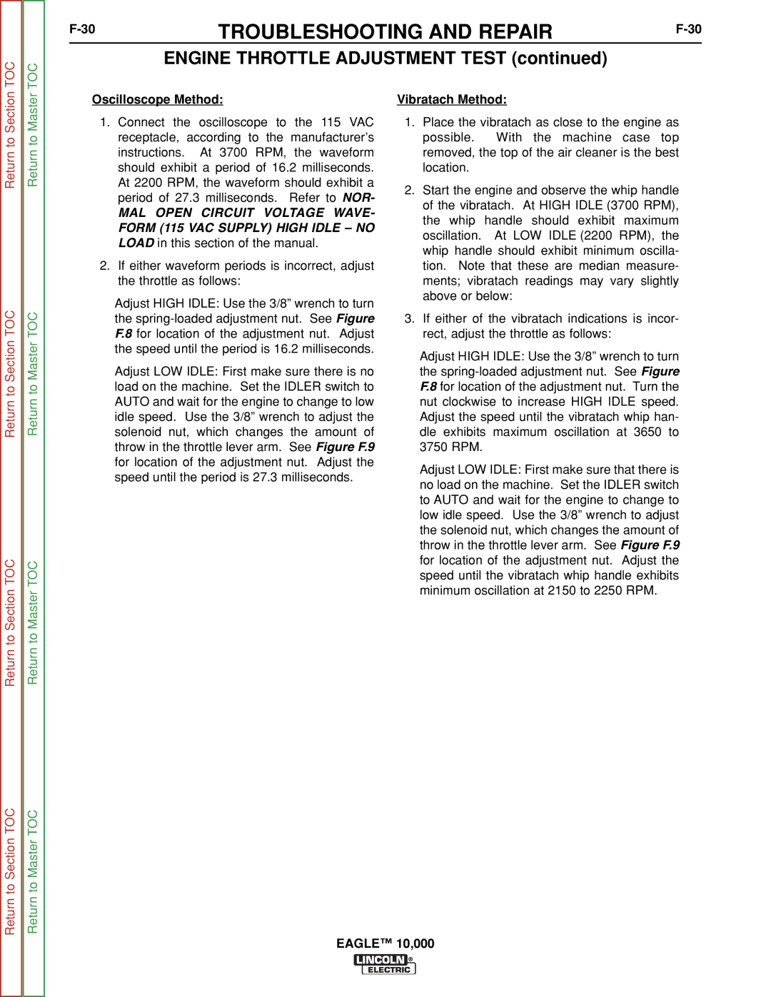 Lincoln Electric SVM192-A service manual Engine Throttle Adjustment Test, Oscilloscope Method Vibratach Method 