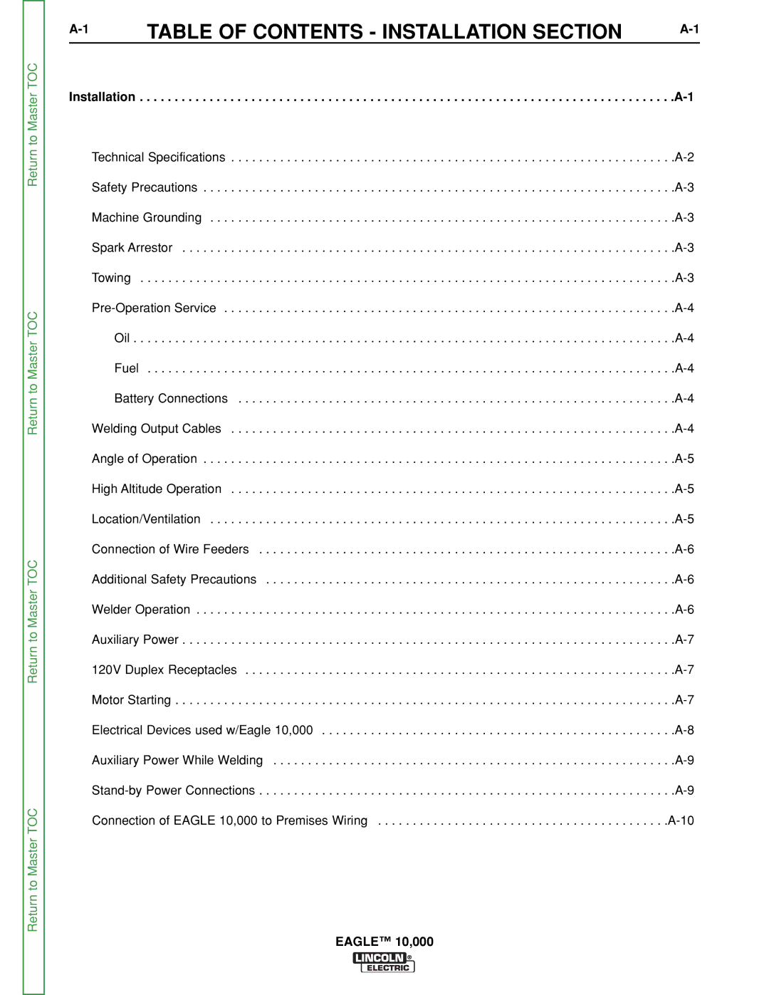 Lincoln Electric SVM192-A service manual Table of Contents Installation Section 