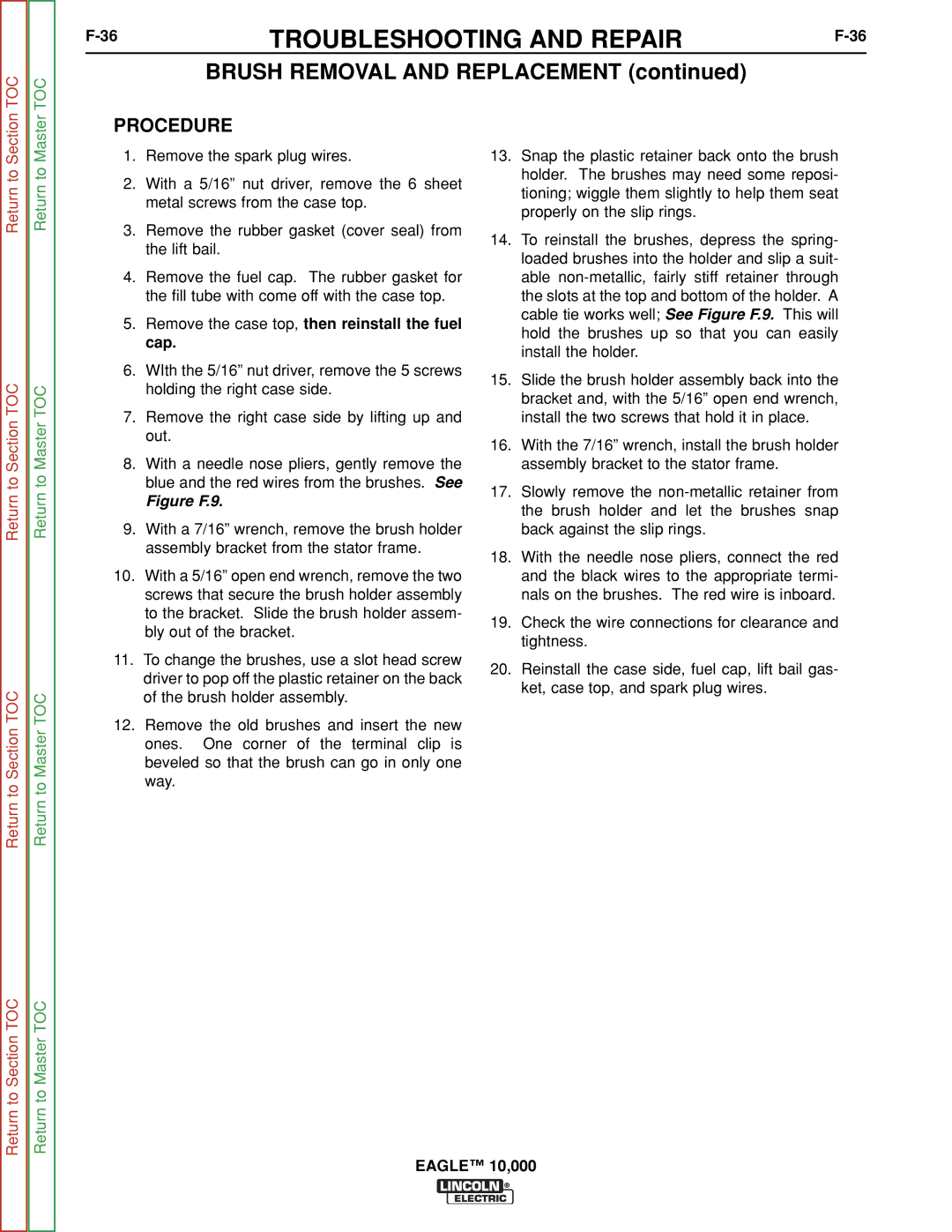 Lincoln Electric SVM192-A service manual Brush Removal and Replacement, Procedure 