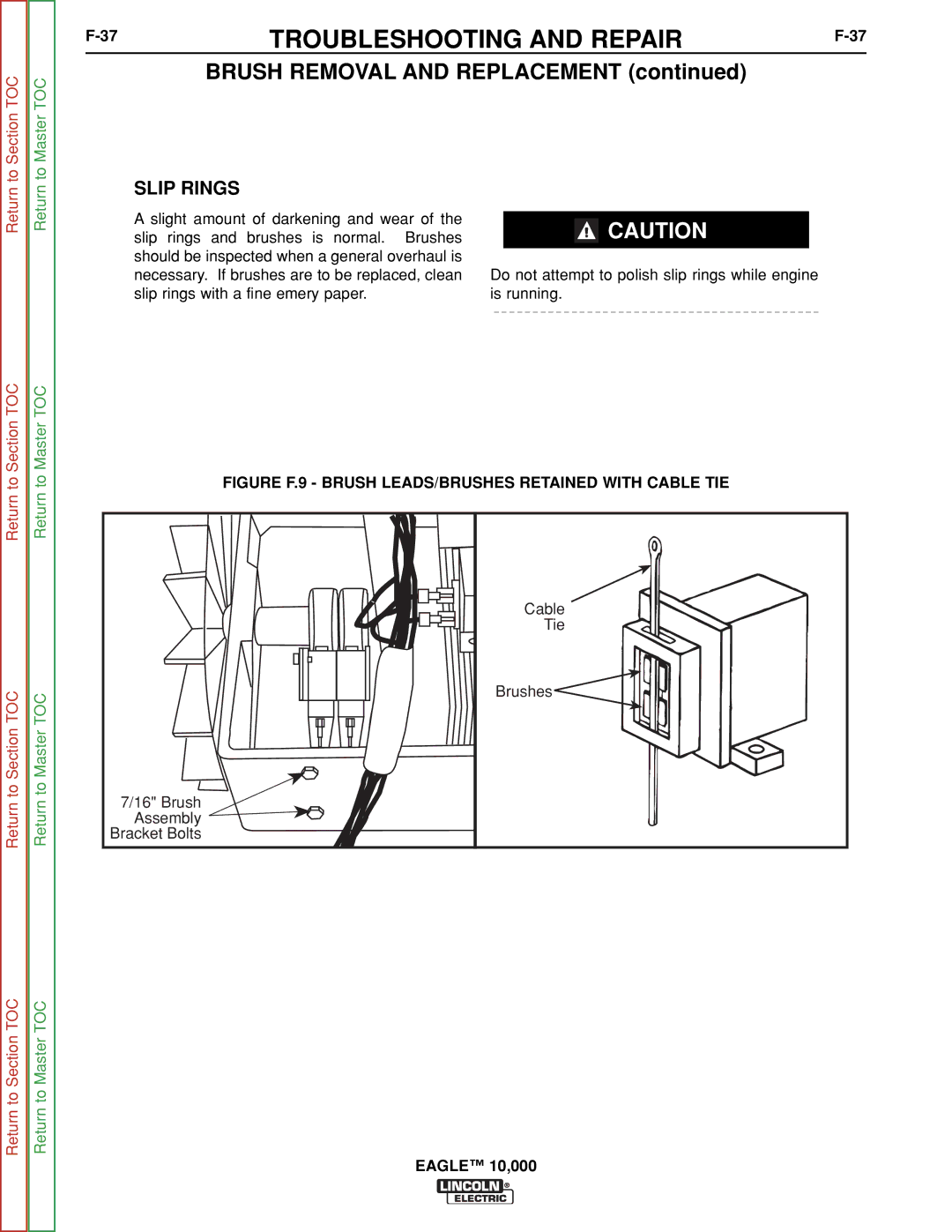 Lincoln Electric SVM192-A service manual Slip Rings, Figure F.9 Brush LEADS/BRUSHES Retained with Cable TIE 