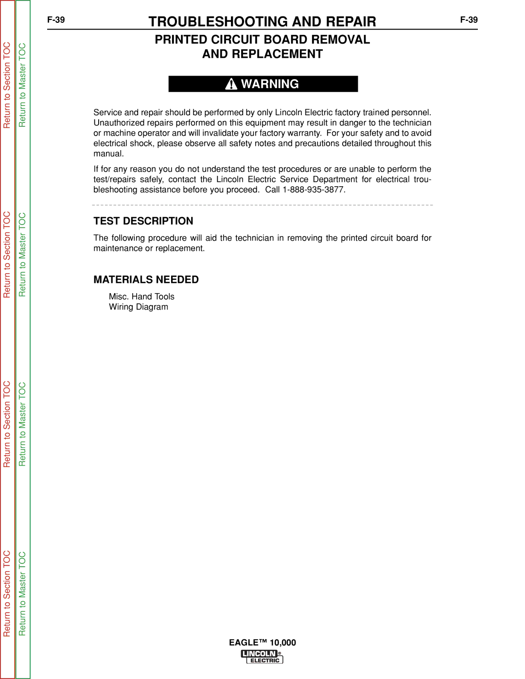 Lincoln Electric SVM192-A service manual Printed Circuit Board Removal Replacement, Test Description 