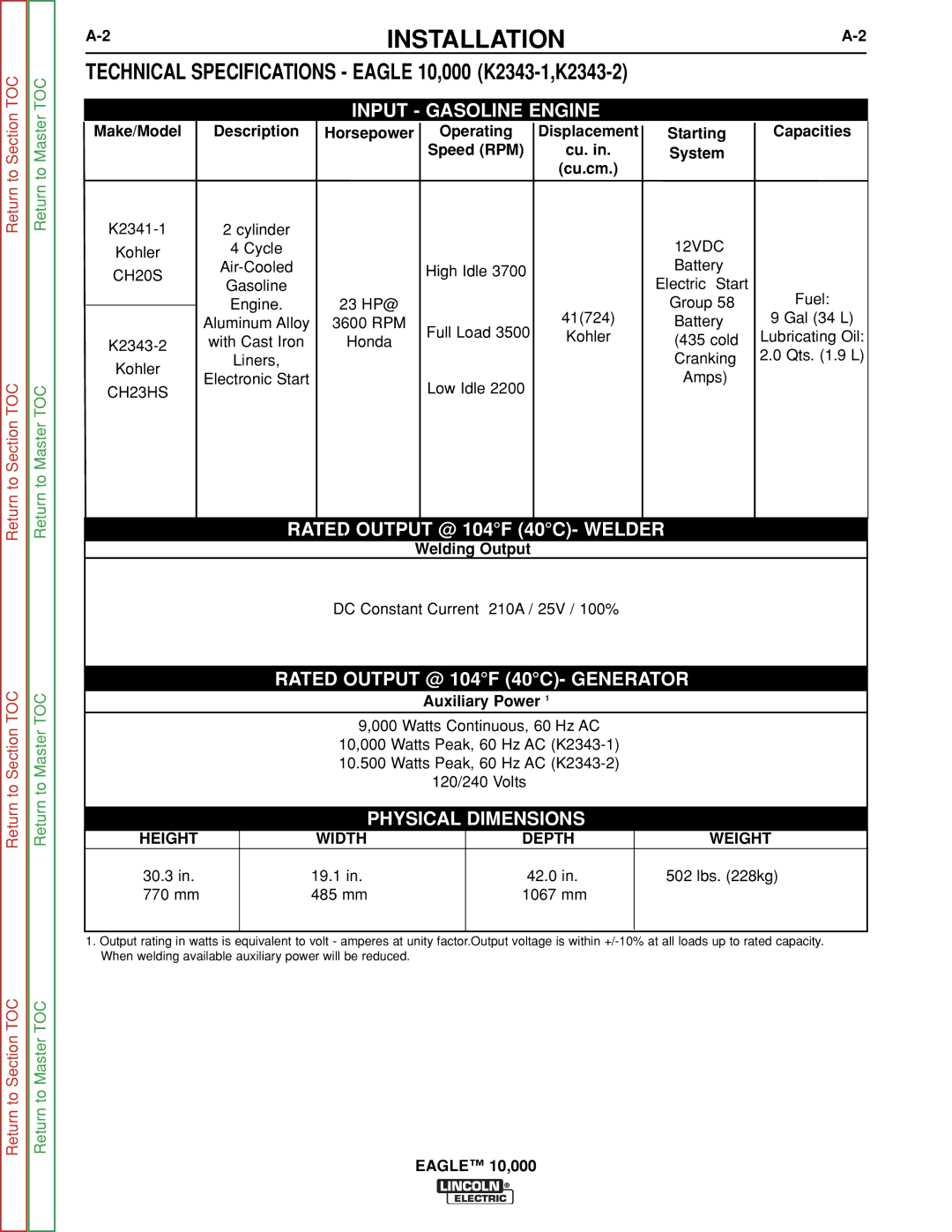 Lincoln Electric SVM192-A Installation, Technical Specifications Eagle 10,000 K2343-1,K2343-2, Height Width Depth Weight 