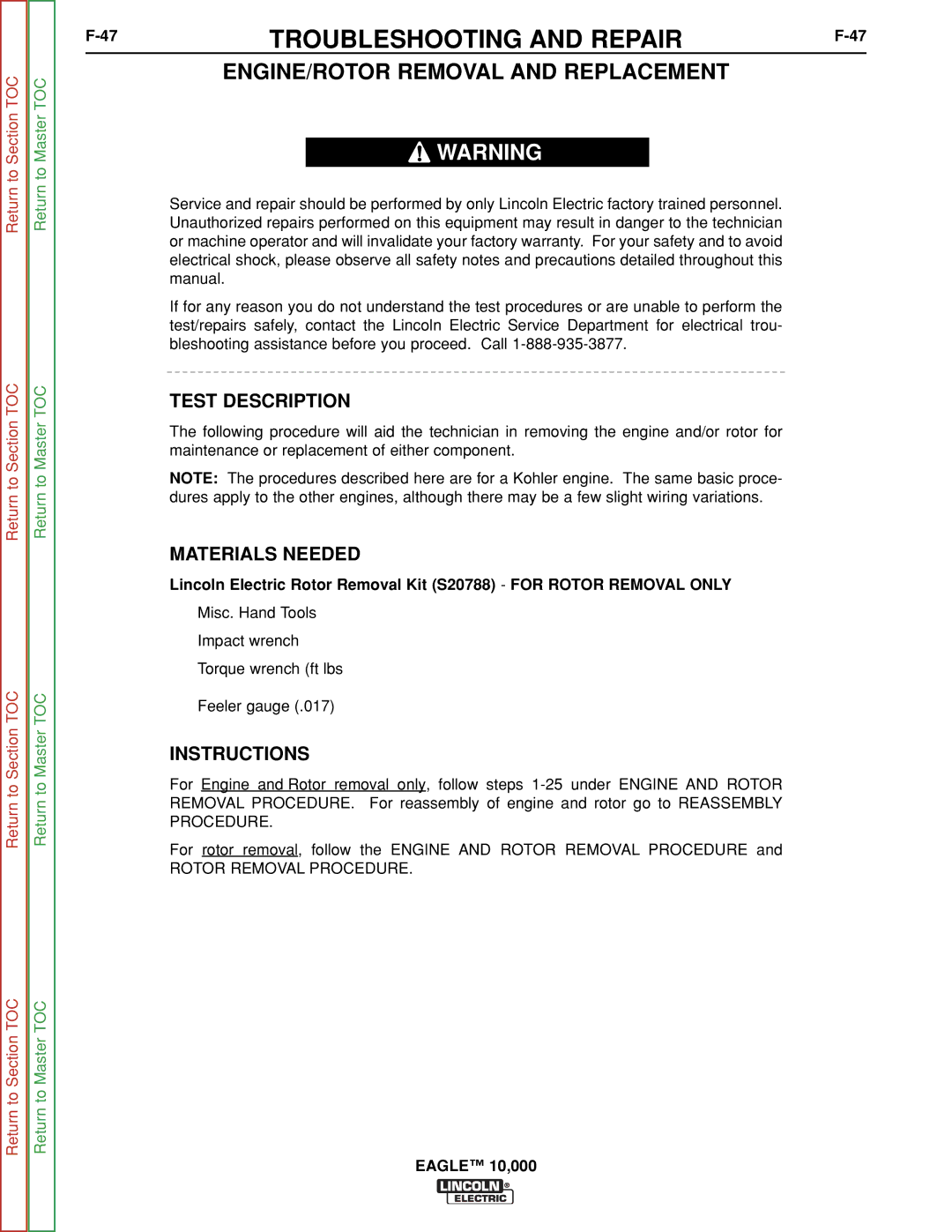 Lincoln Electric SVM192-A service manual ENGINE/ROTOR Removal and Replacement, Instructions 