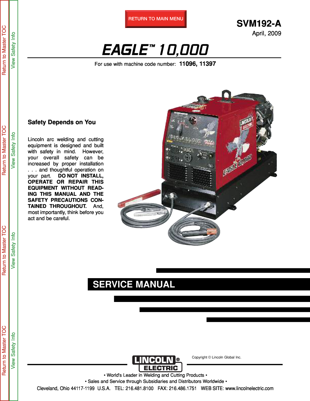 Lincoln Electric SVM192-A service manual April, Safety Depends on You, Return to Master TOC, EAGLE 10,000 
