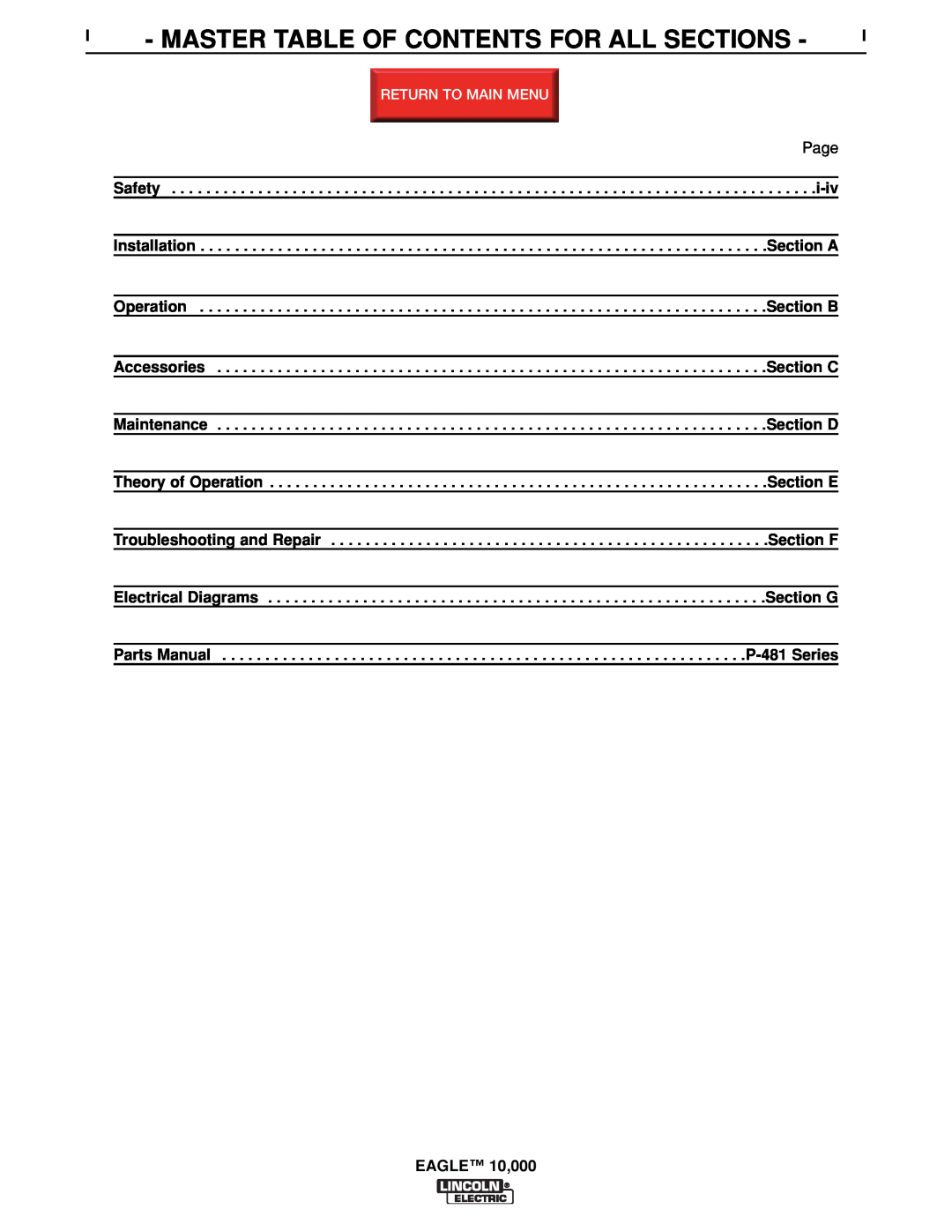 Lincoln Electric SVM192-A service manual I - Master Table Of Contents For All Sections, Safety, Page, EAGLE 10,000 