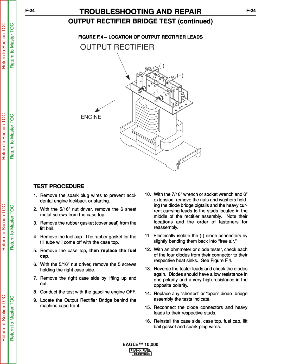 Lincoln Electric SVM192-A OUTPUT RECTIFIER BRIDGE TEST continued, Engine, F-24, Output Rectifier, Test Procedure 