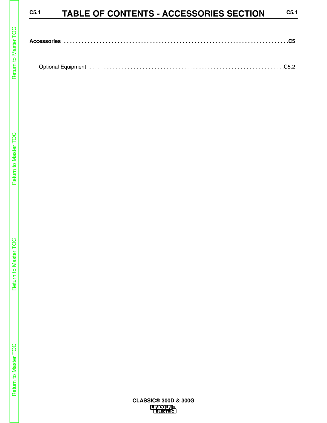 Lincoln Electric SVM194-A service manual Table of Contents Accessories Section, C5.1 