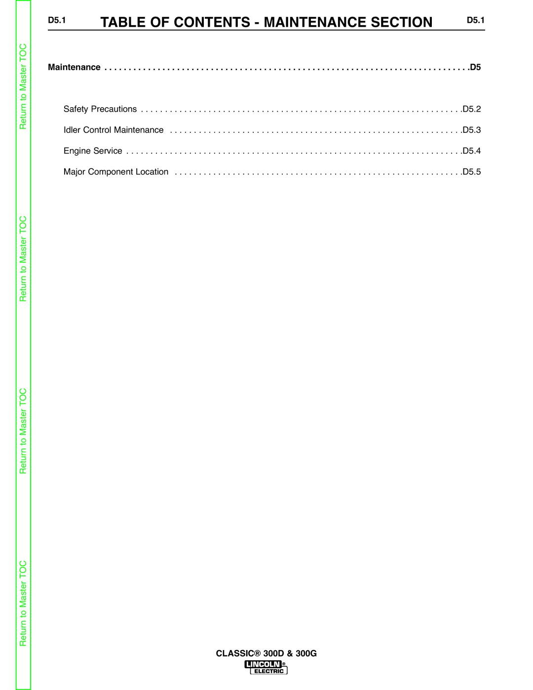 Lincoln Electric SVM194-A service manual Table of Contents Maintenance Section, D5.1 