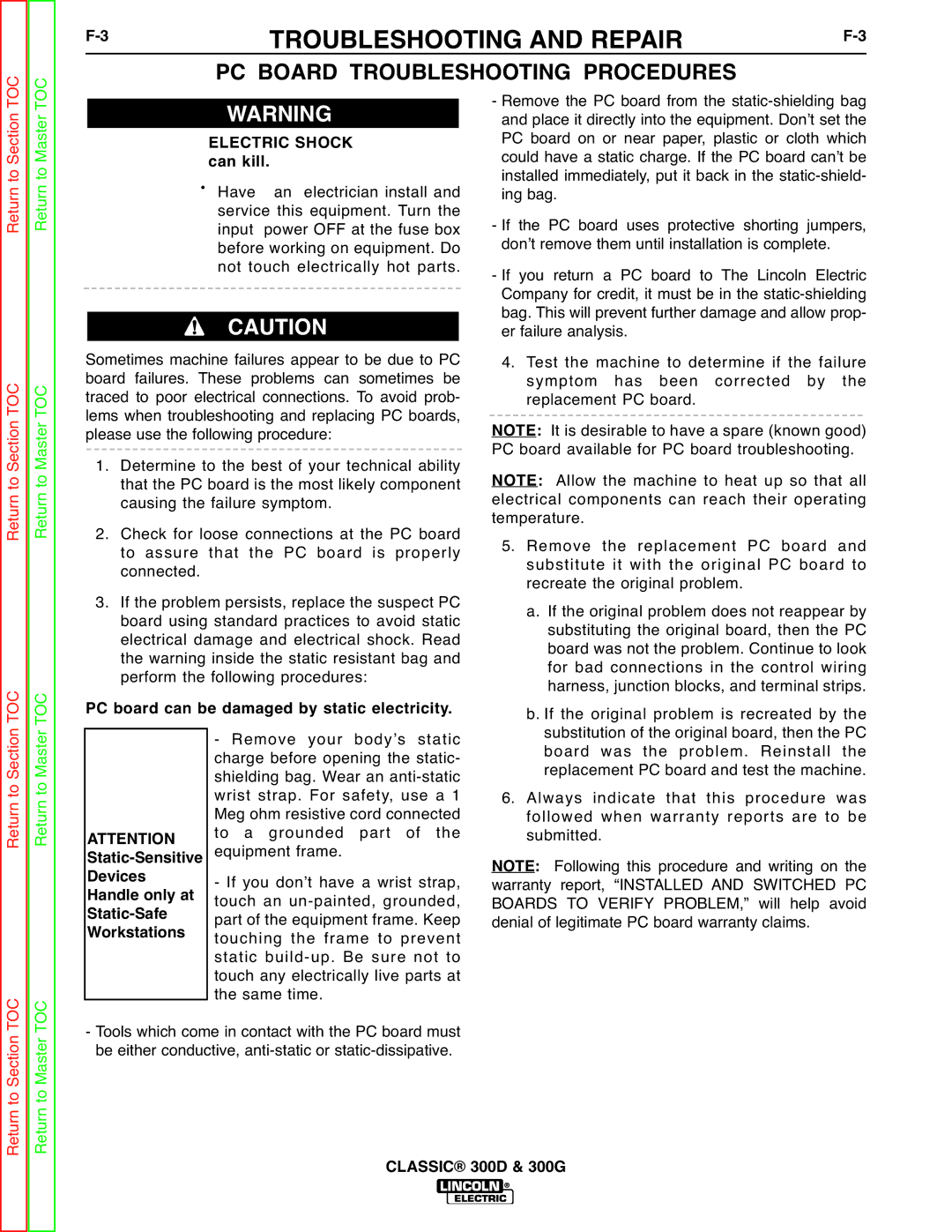 Lincoln Electric SVM194-A service manual PC Board Troubleshooting Procedures, Electric Shock 