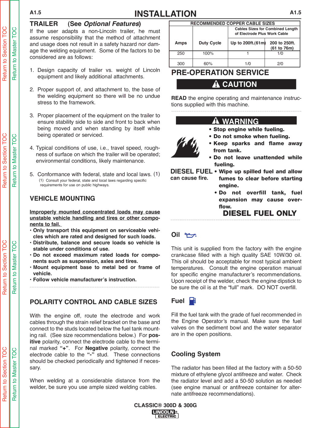 Lincoln Electric SVM194-A service manual Pre, Trailer, Diesel Fuel, Vehicle Mounting, Polarity Control and Cable Sizes 