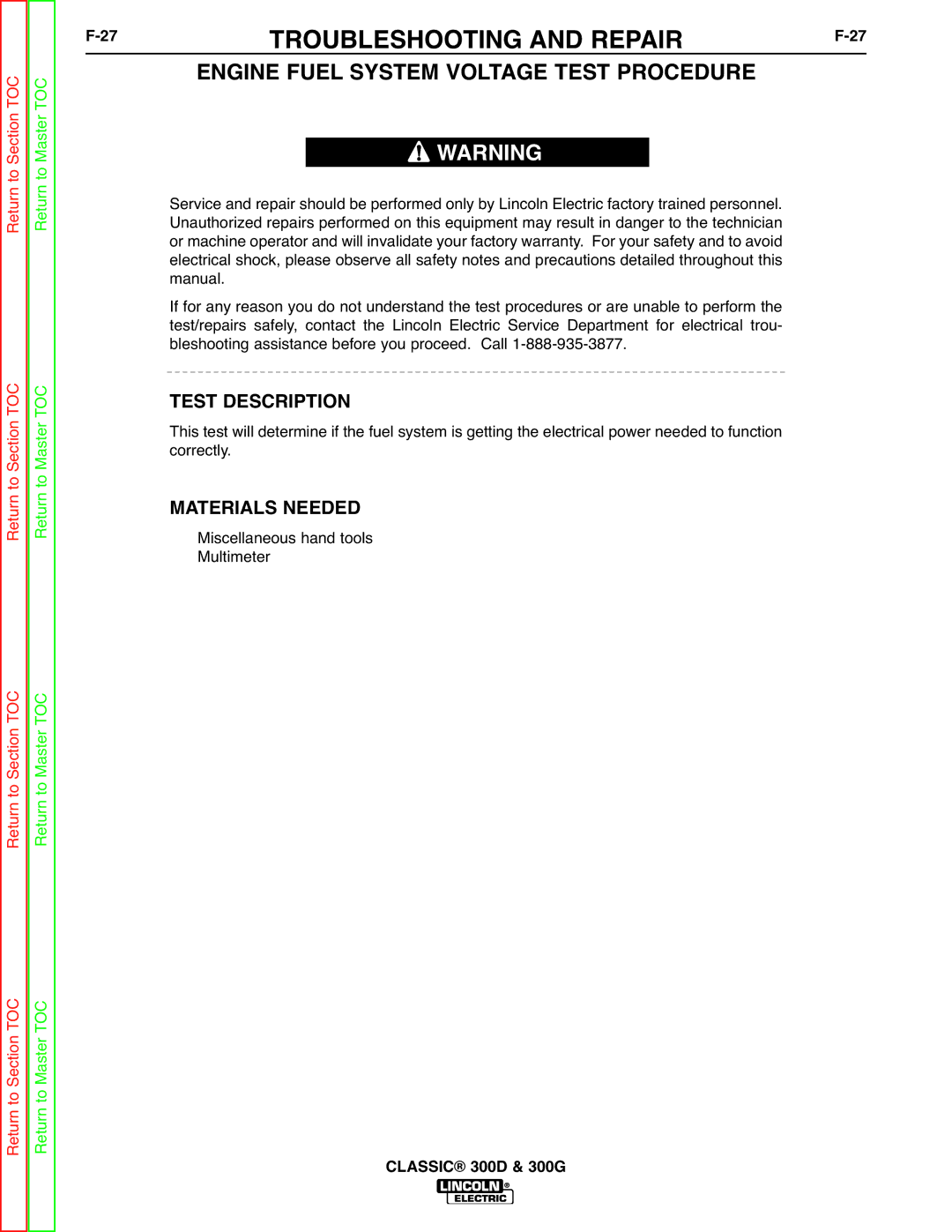 Lincoln Electric SVM194-A service manual 27TROUBLESHOOTING and REPAIRF-27, Engine Fuel System Voltage Test Procedure 