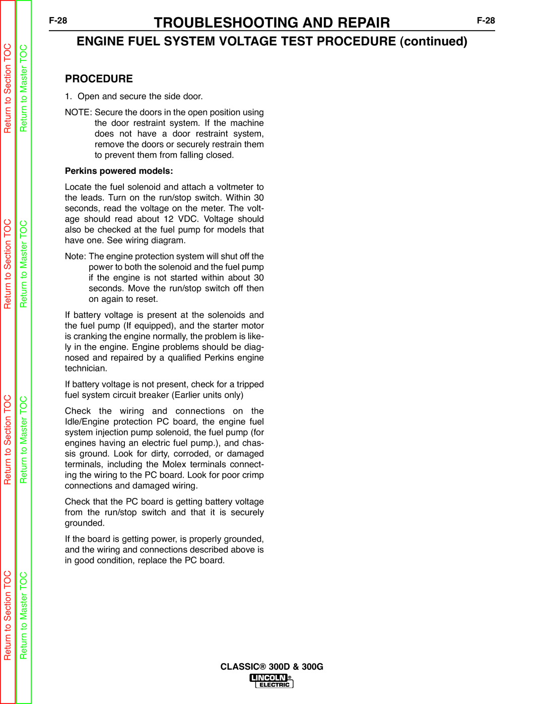 Lincoln Electric SVM194-A service manual Engine Fuel System Voltage Test Procedure 