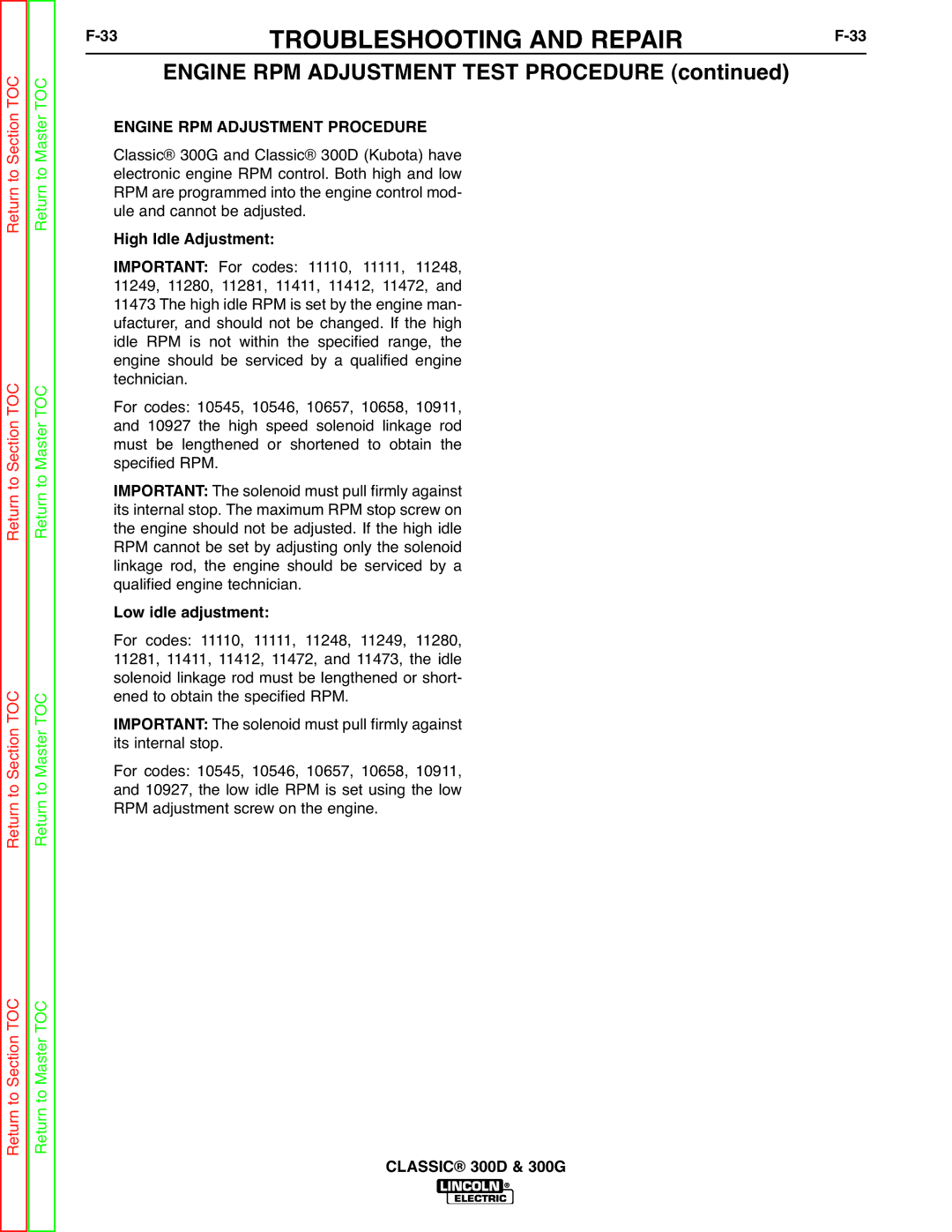 Lincoln Electric SVM194-A service manual Low idle adjustment 