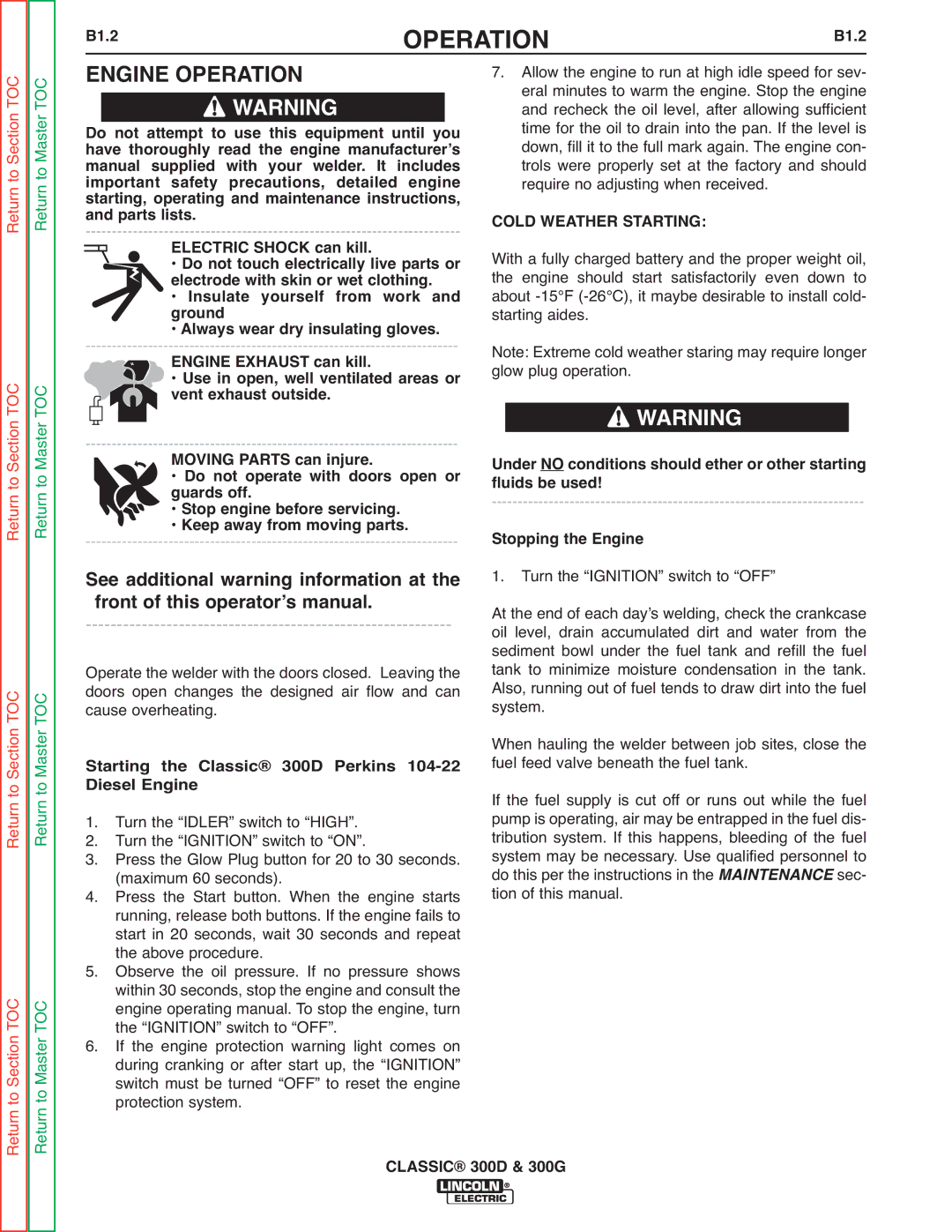 Lincoln Electric SVM194-A service manual Engine Operation, See additional warning information at, Cold Weather Starting 