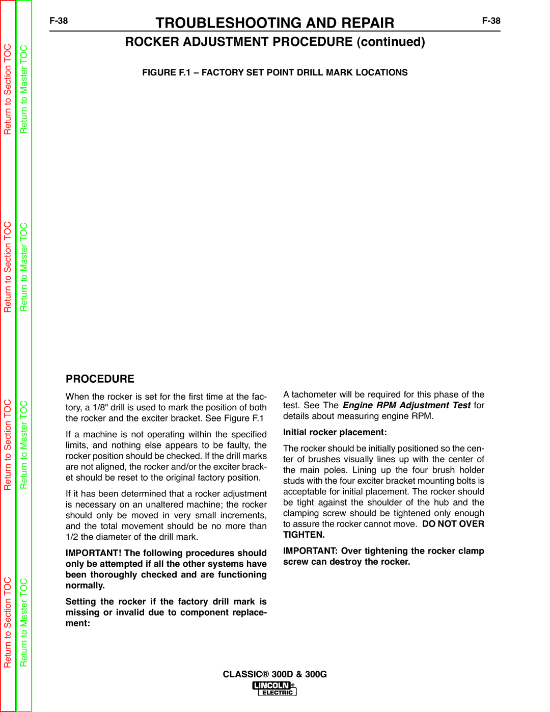 Lincoln Electric SVM194-A 38TROUBLESHOOTING and REPAIRF-38, Rocker Adjustment Procedure, Initial rocker placement, Tighten 