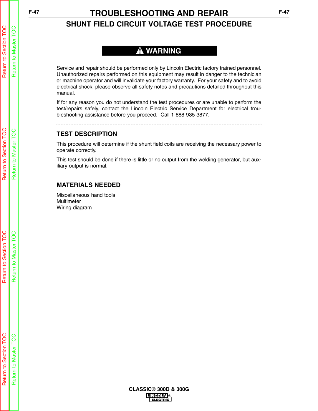 Lincoln Electric SVM194-A service manual 47TROUBLESHOOTING and REPAIRF-47, Shunt Field Circuit Voltage Test Procedure 