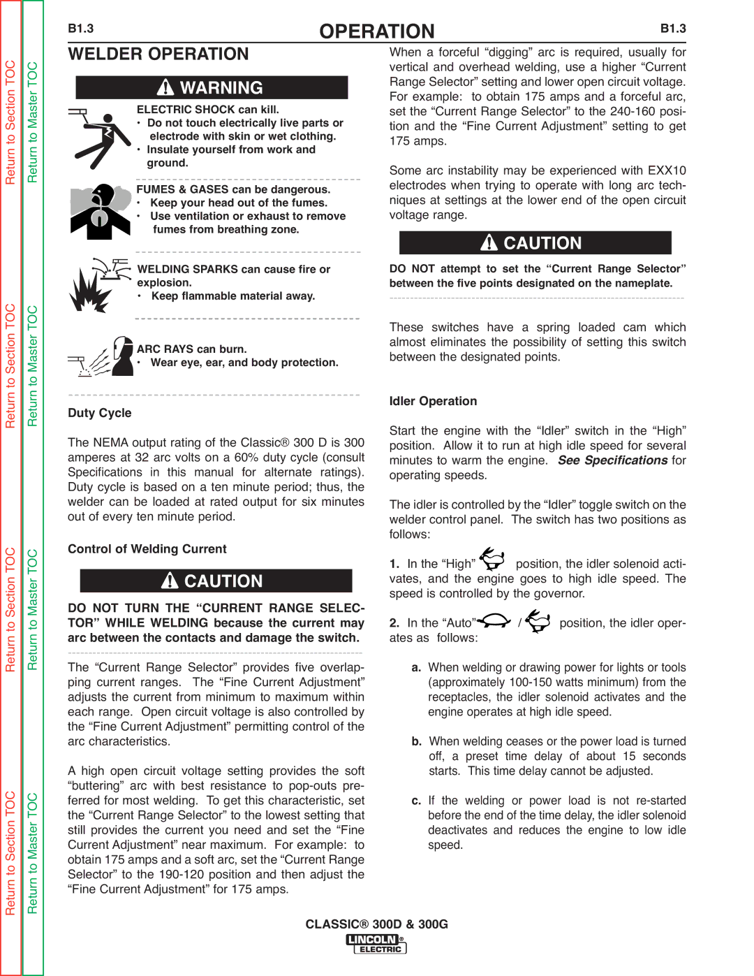 Lincoln Electric SVM194-A service manual Welder Operation, See Specifications for, Do not Turn the Current Range Selec 