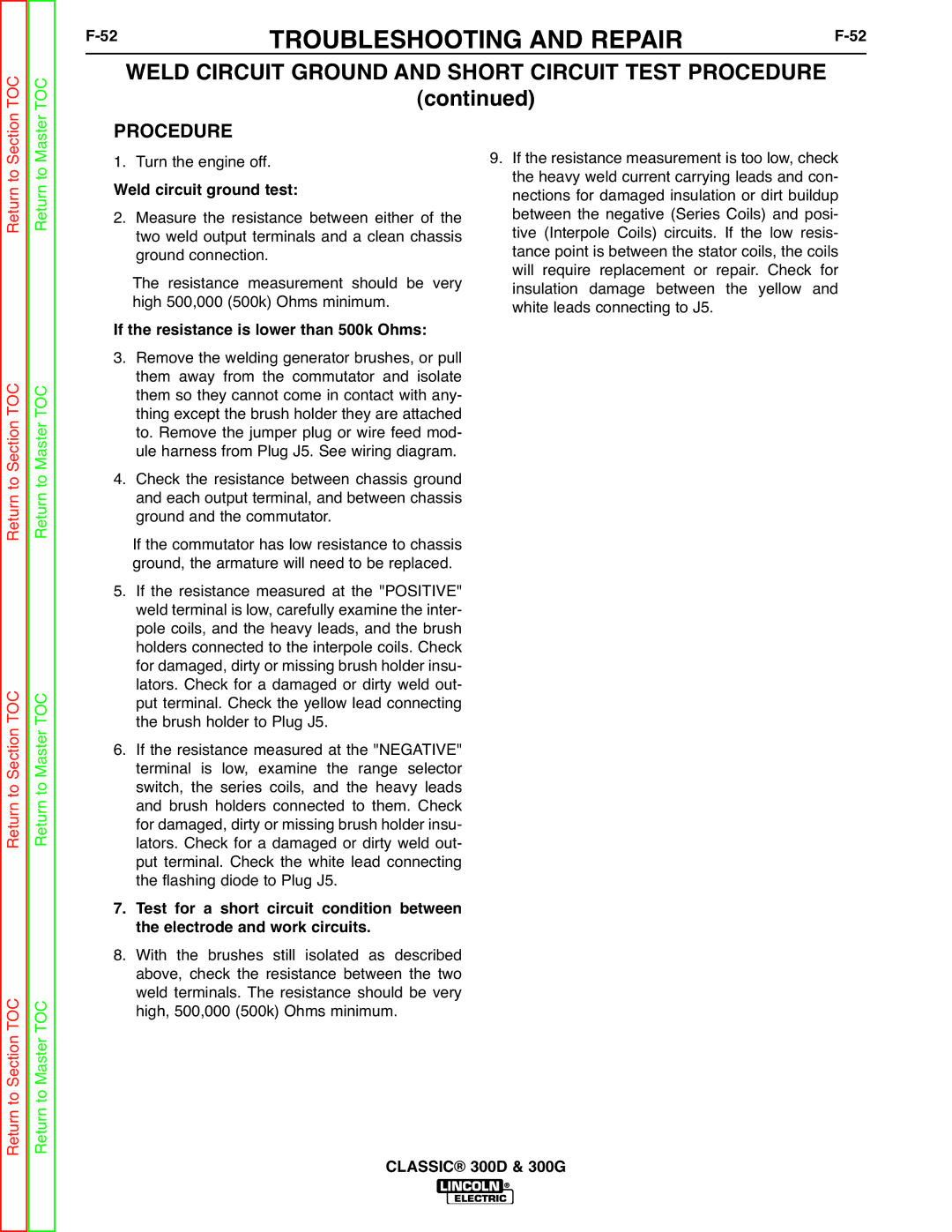 Lincoln Electric SVM194-A service manual Weld circuit ground test, If the resistance is lower than 500k Ohms 