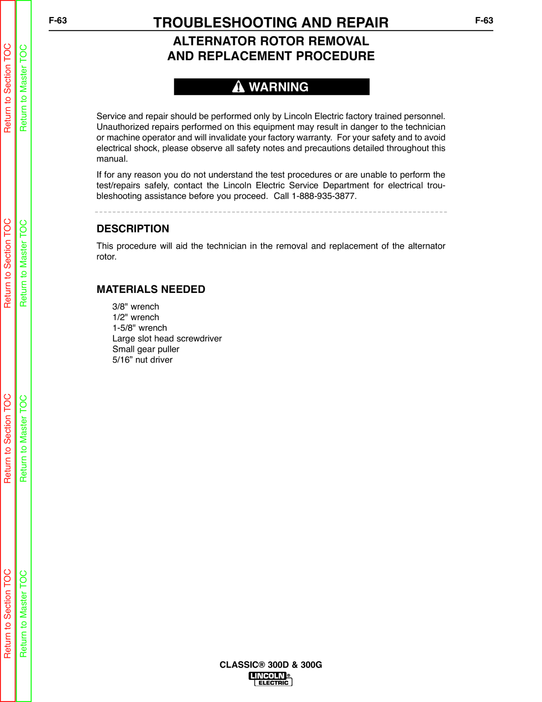 Lincoln Electric SVM194-A 63TROUBLESHOOTING and REPAIRF-63, Alternator Rotor Removal Replacement Procedure, Description 