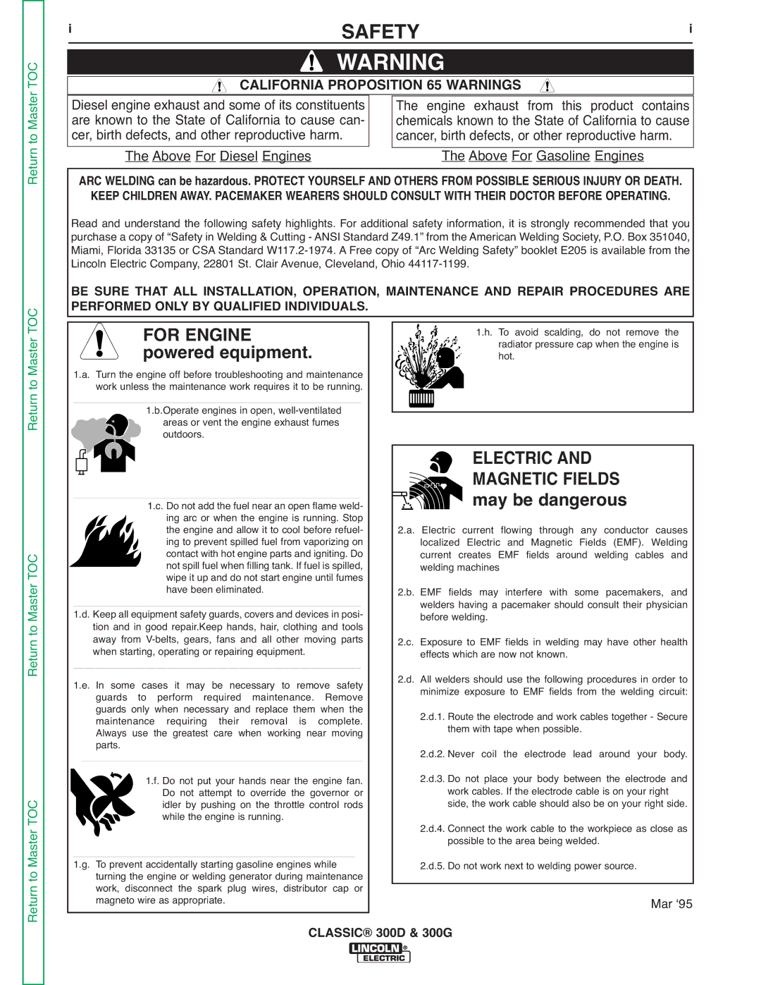 Lincoln Electric SVM194-A service manual Safety, For Engine, Powered equipment, Electric Magnetic Fields, May be dangerous 