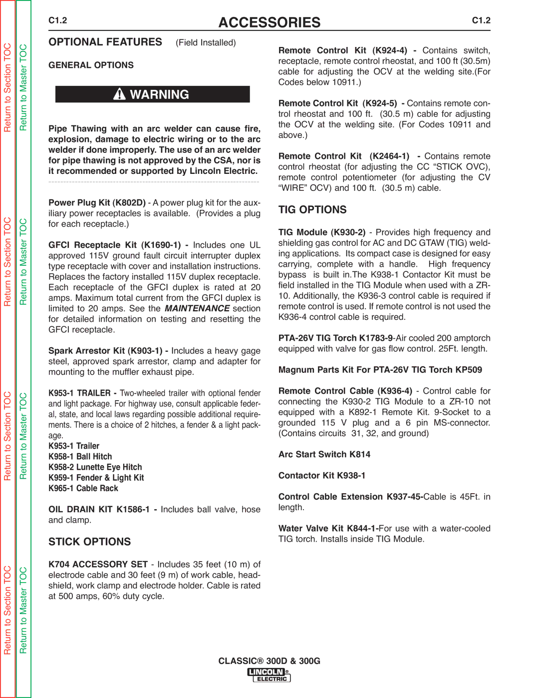 Lincoln Electric SVM194-A service manual Accessories, Optional Features, TIG Options, Stick Options, Maintenance section 