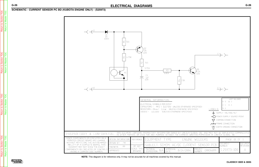 Lincoln Electric SVM194-A service manual Schematic Current Sensor PC BD Kubota Engine only S25973 