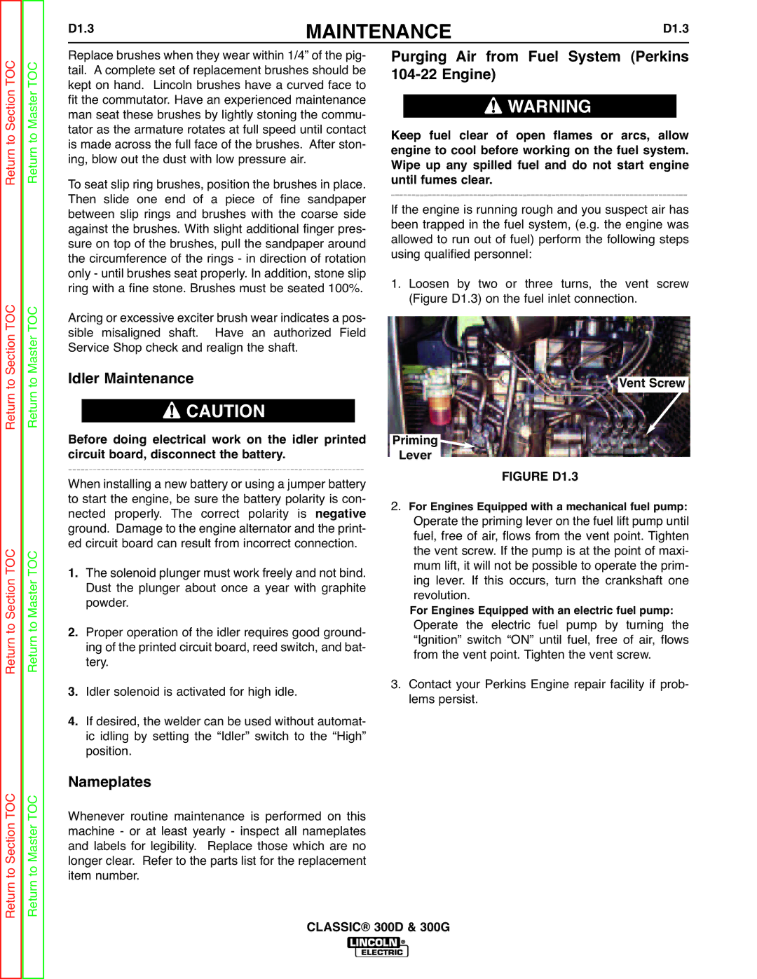 Lincoln Electric SVM194-A service manual Purging Air from Fuel System Perkins, Engine, Idler Maintenance, Nameplates 