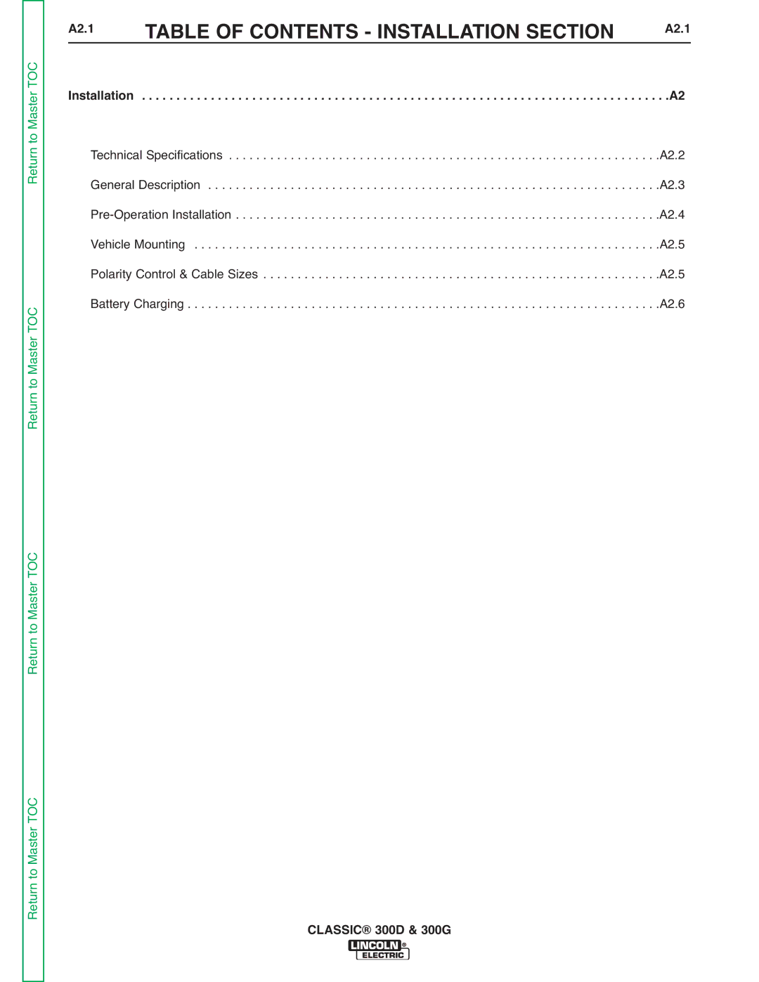 Lincoln Electric SVM194-A service manual Table of Contents Installation Section, A2.1 