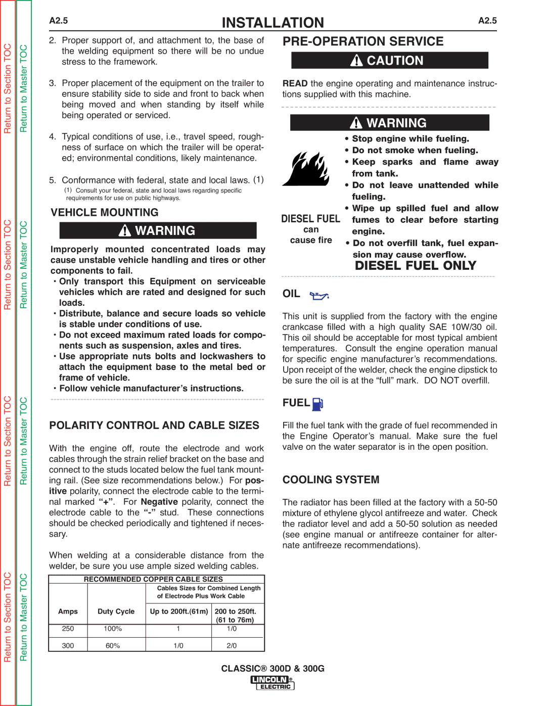 Lincoln Electric SVM194-A PRE-OPERATION Service, Oil, Fuel Polarity Control and Cable Sizes, Cooling System, Classic 