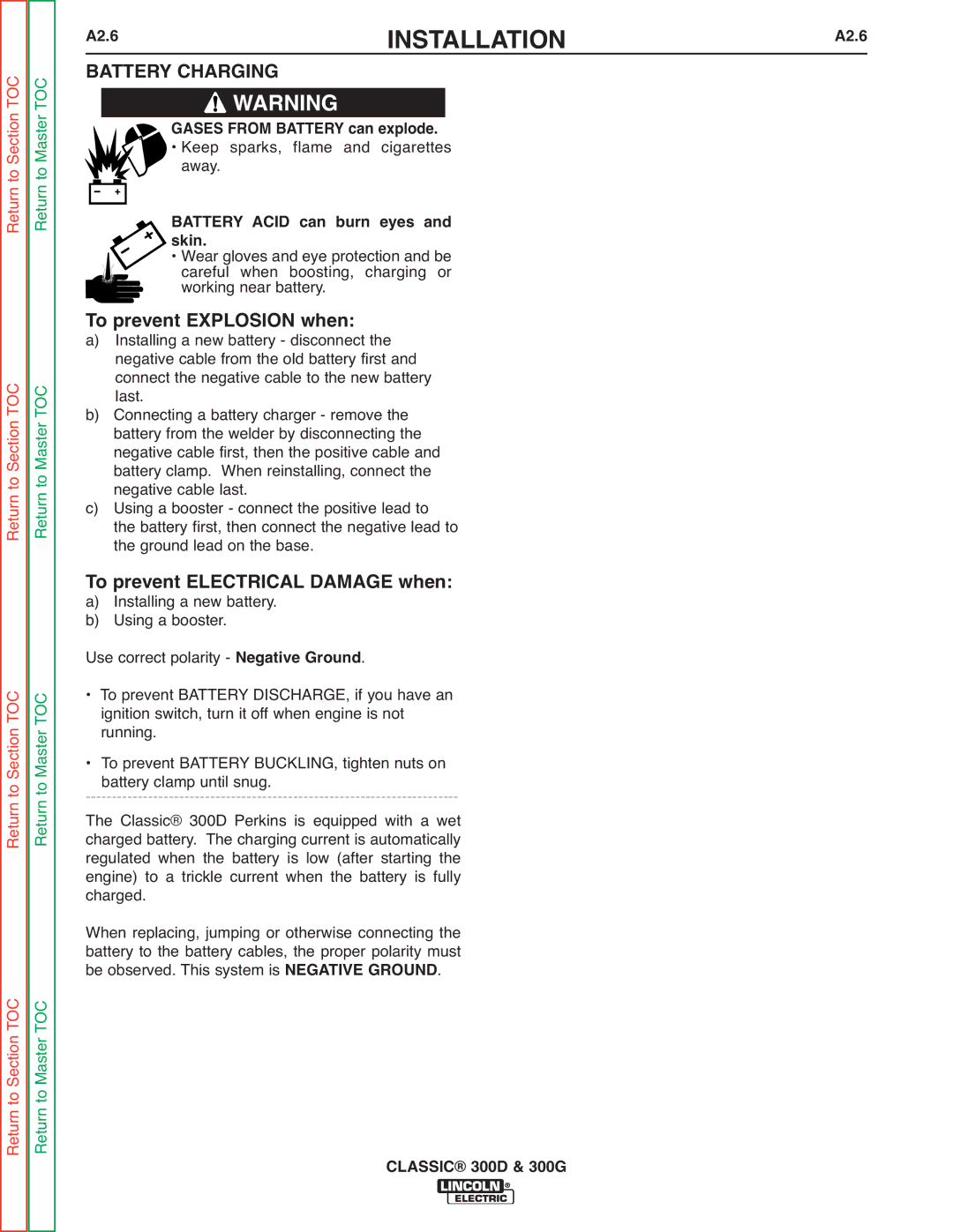 Lincoln Electric SVM194-A Battery Charging, A2.6 Gases from Battery can explode, Battery Acid can burn eyes Skin 