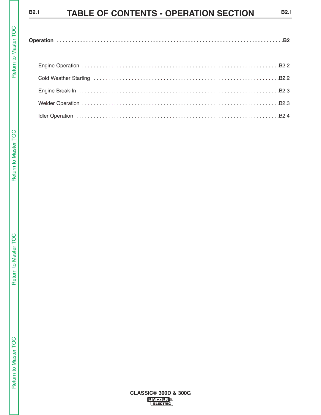 Lincoln Electric SVM194-A service manual Table of Contents Operation Section, B2.1 