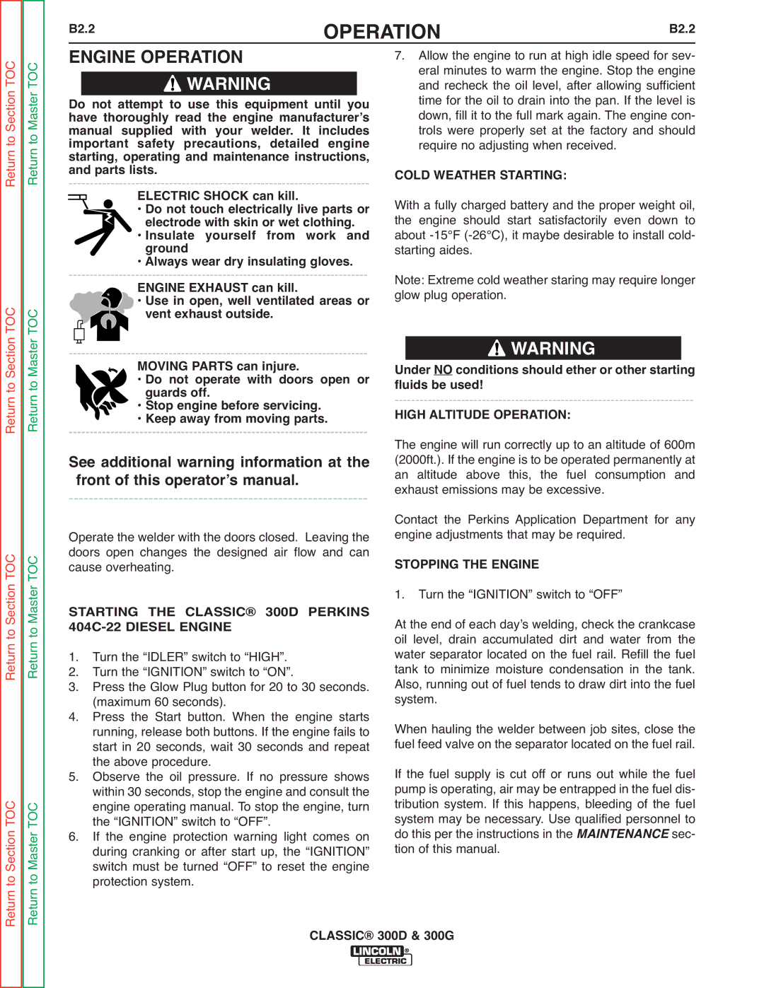 Lincoln Electric SVM194-A High Altitude Operation, Stopping the Engine, Starting the Classic 300D Perkins, Maintenance sec 