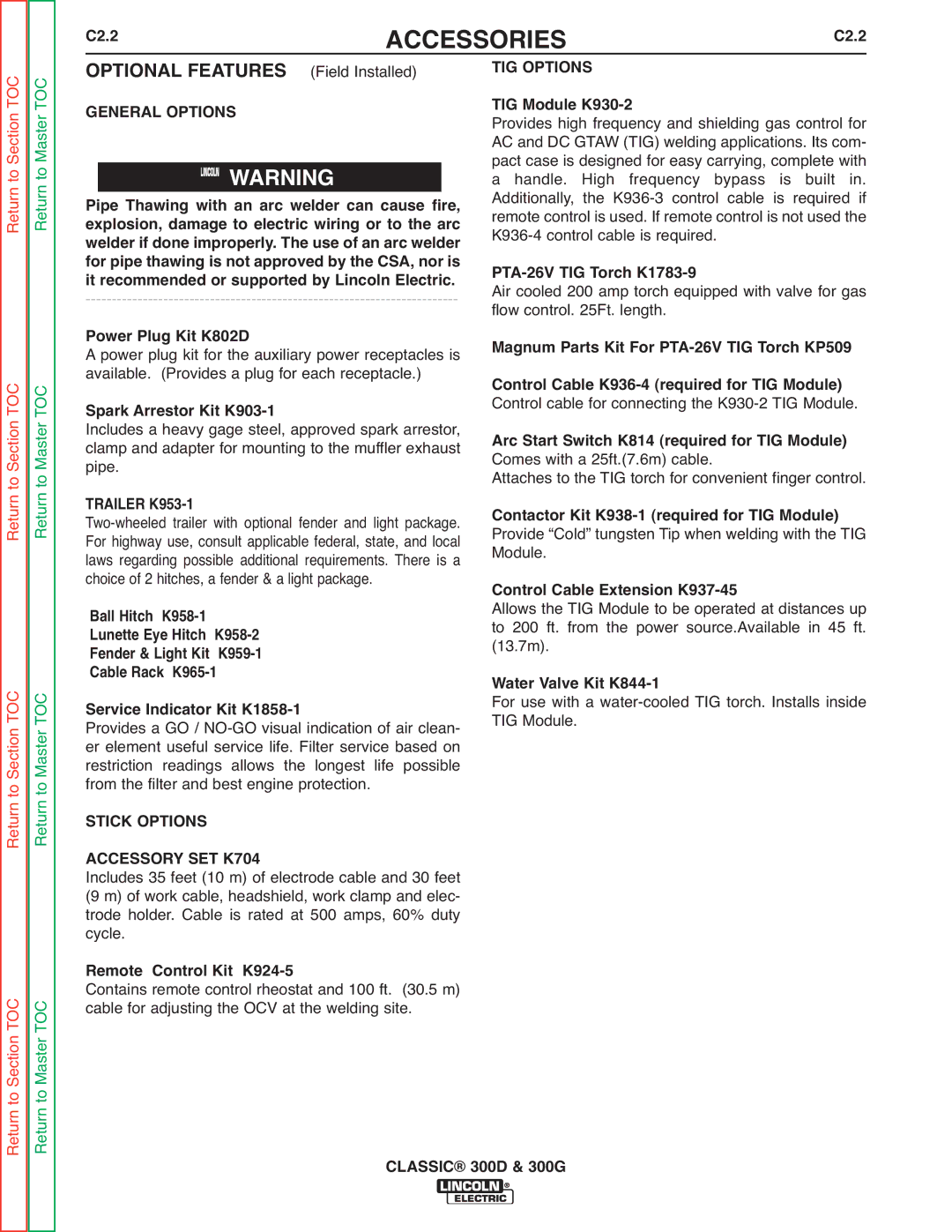 Lincoln Electric SVM194-A service manual TIG Options General Options, Trailer K953-1, Stick Options Accessory SET K704 