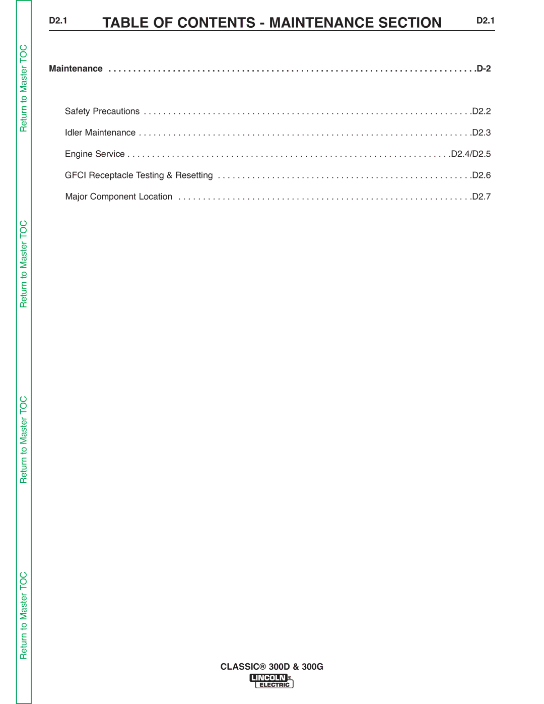 Lincoln Electric SVM194-A service manual Table of Contents Maintenance Section, D2.1 