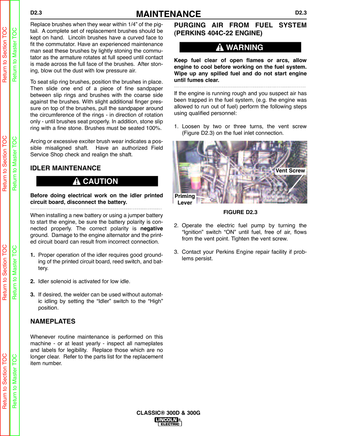 Lincoln Electric SVM194-A Purging AIR from Fuel System, Perkins 404C-22 Engine, Idler Maintenance, Nameplates, D2.3 