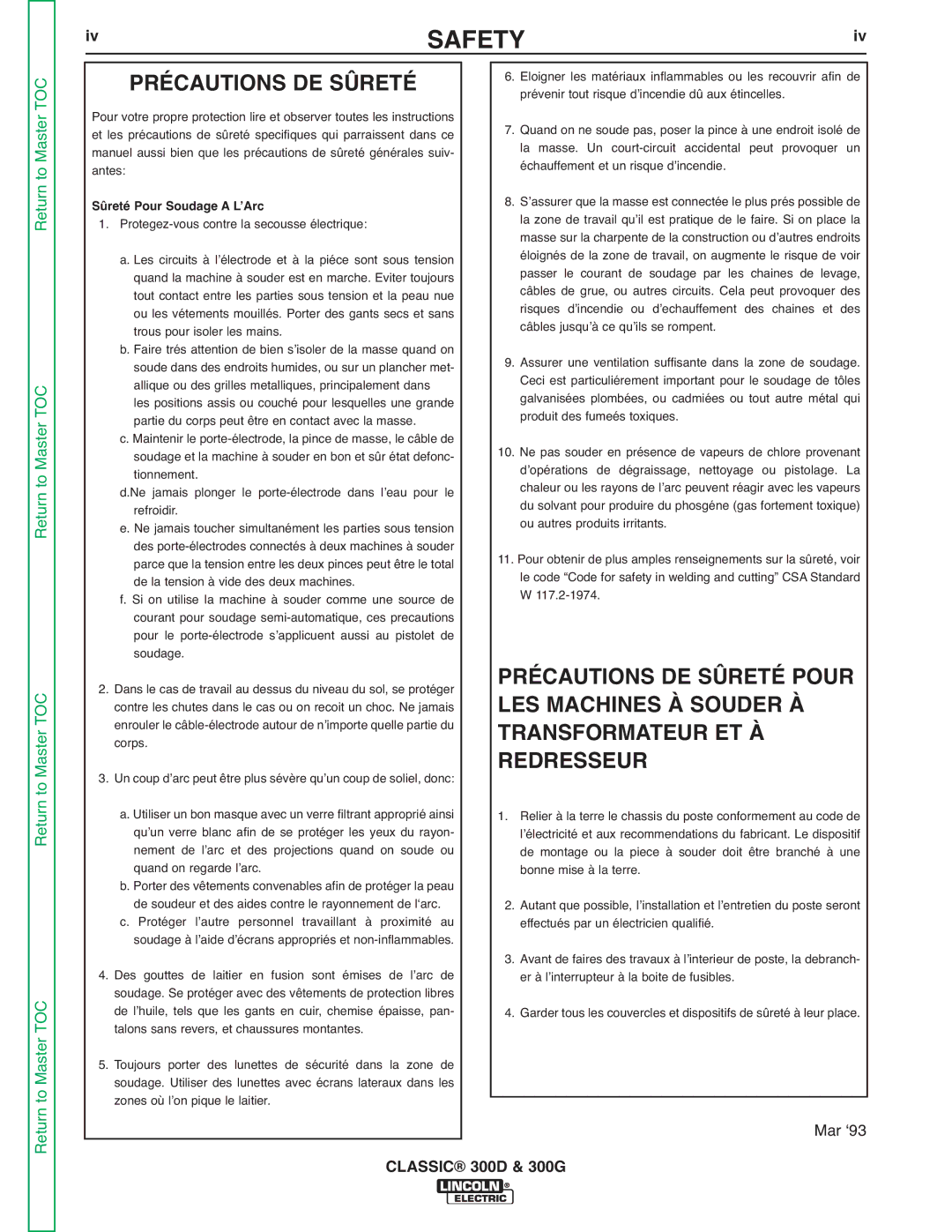 Lincoln Electric SVM194-A Précautions DE Sûreté Pour, LES Machines À Souder À, Transformateur ET À, Redresseur 